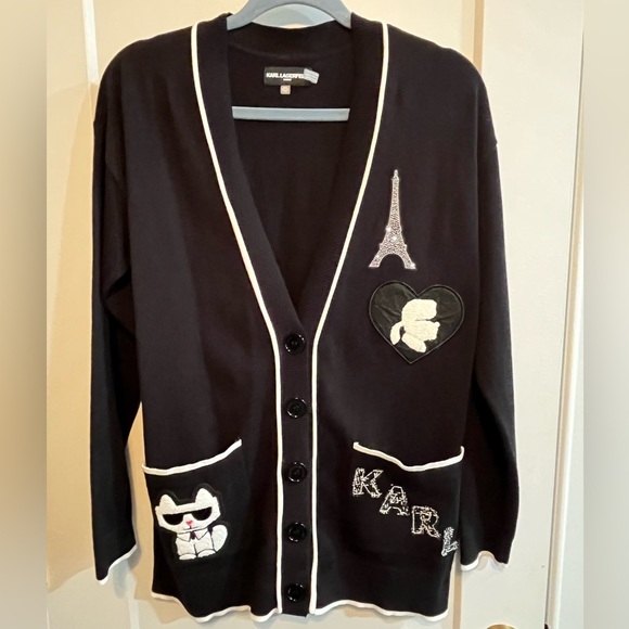 Karl Lagerfeld Black Cardigan with White Trim - Picture 1 of 6